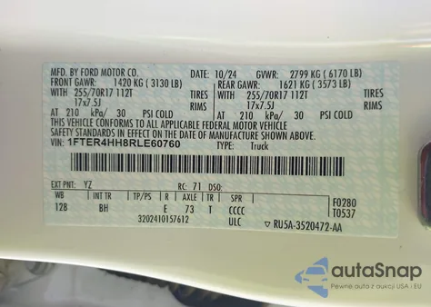 2024 Ford Ranger Xlt from USA, damaged, VIN 1FTER4HH8RLE60760